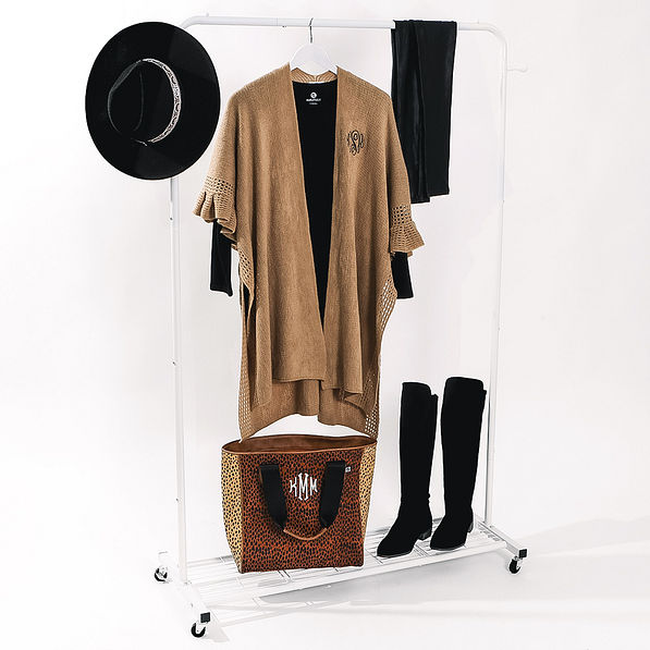 monogrammed poncho cardigan camel ootd on rack