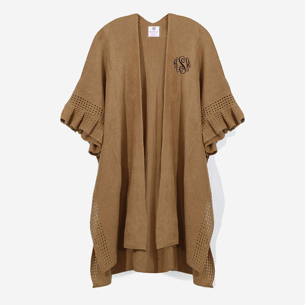 monogrammed poncho cardigan in camel