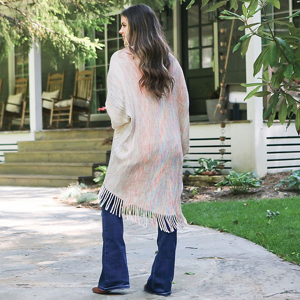 back of khaki fringe cardigan