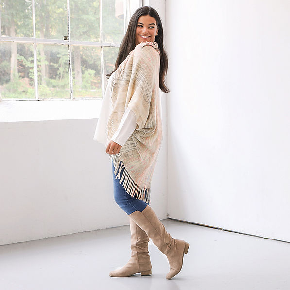 plus model wearing khaki fringe cardigan