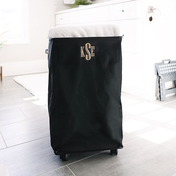 towels in monogrammed classic cheetah and black collapsible rolling cart