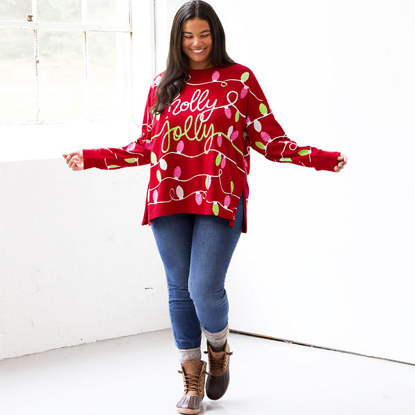Ladies Holly Jolly Christmas Plaid Oversized Sweatshirt-Red Plaid