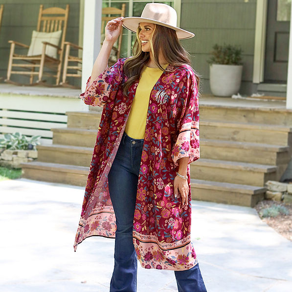 monogrammed duster in burgundy floral