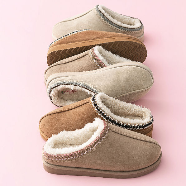 line of moccasins in hickory tan and tan pink