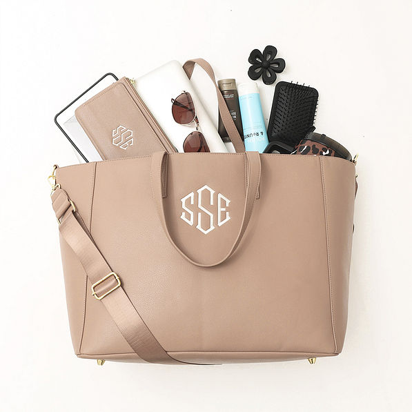 tan 2024 carry on travel tote flatlay