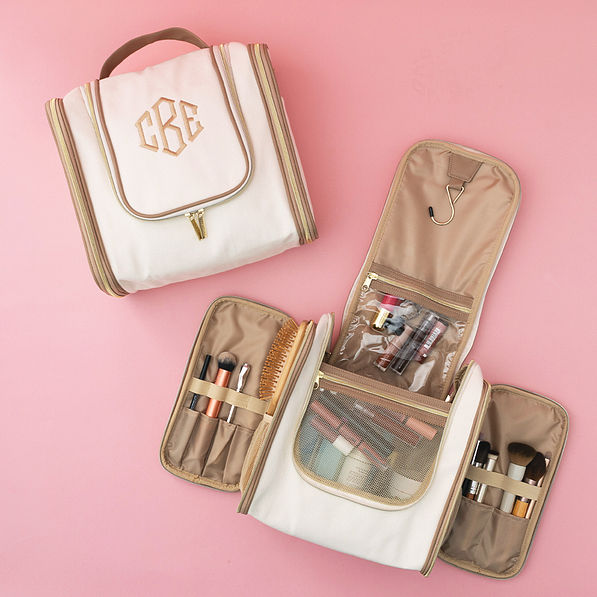 front and inside of ivory monogrammed hanging toiletry bag