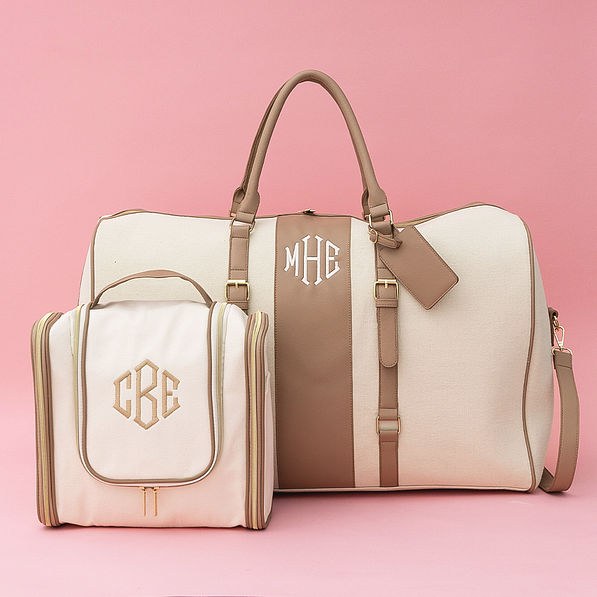 ivory monogrammed weekender and hanging toiletry bags