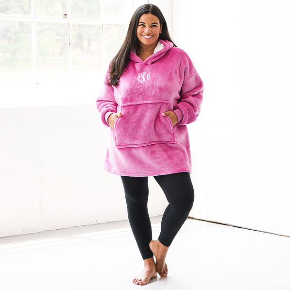 hot pink blanket hoodie in white studio