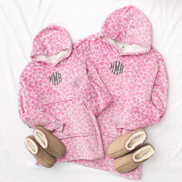 mom and me monogrammed blanket hoodies in pink cheetah