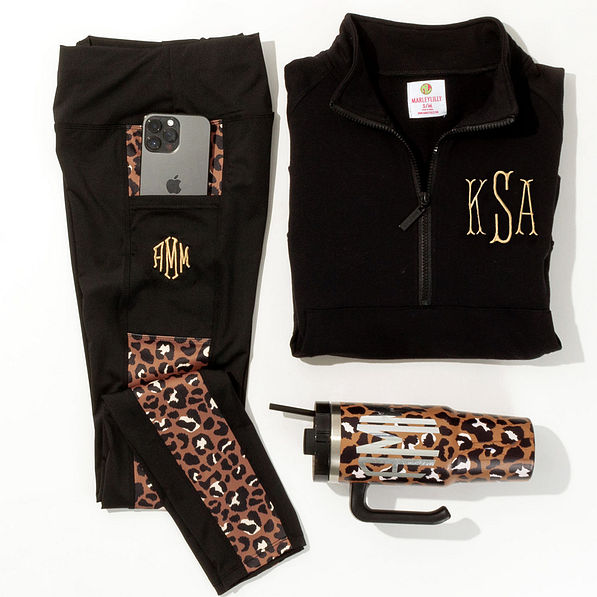 Monogrammed Colorblock leggings with funnelneck pullover sweatshirt and travel tumbler