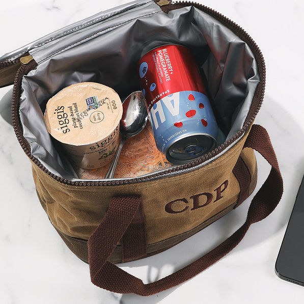 inside of small monogrammed waxed canvas cooler