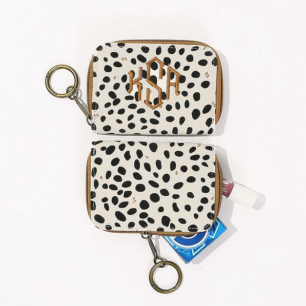 front and back of white leopard keychain wallet