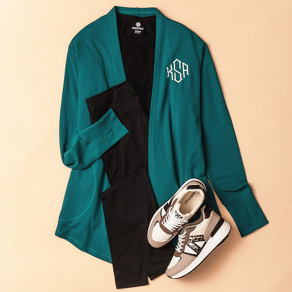deep teal sweatshirt cardigan flatlay