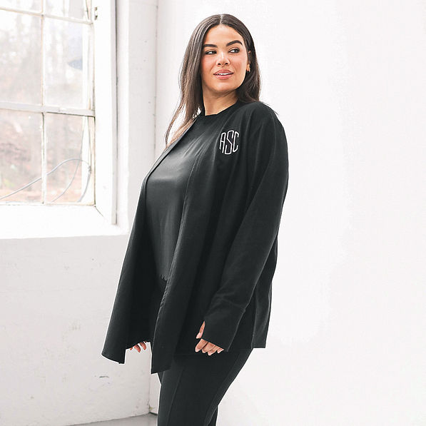 Julia wearing Black Sweatshirt Cardigan