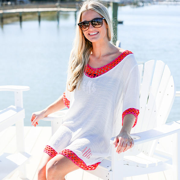 Monogrammed Crochet Cover Up on girl sitting on Adirondack chair