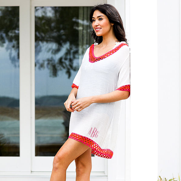 Monogrammed Crochet Cover Up on girl leaning on porch