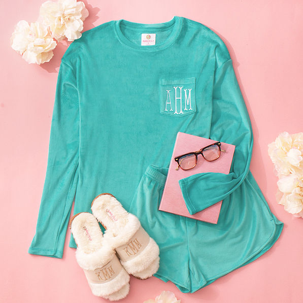 personalized teal softspun lounge set with ivory fuzzy slippers