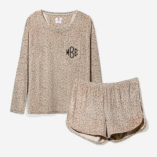 monogrammed softspun lounge set in tonal taupe leopard
