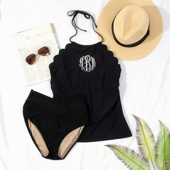 high neck tankini with crossover bottoms and sun hat