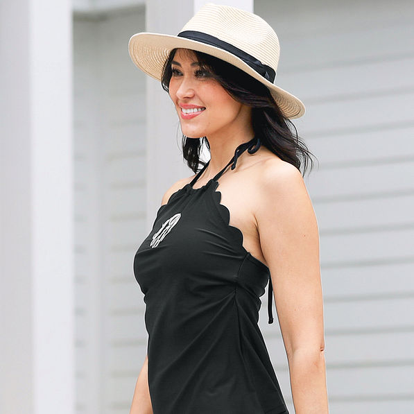 side profile of high neck tankini - zoomed in