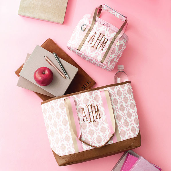 personalized tote bag with small cooler in blush mosaic flatlay