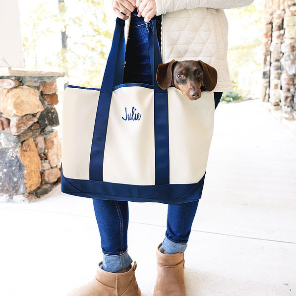 puppy in navy personalized navy boat tote bag