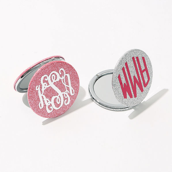 personalized glitter compact mirrors in silver and pink open closed