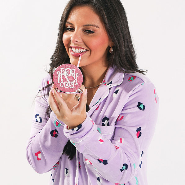 personalized pink glitter compact mirror with girl putting on makeup