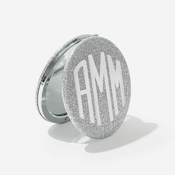 monogrammed glitter compact mirror in silver