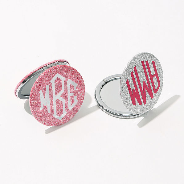 personalized glitter compact mirrors in silver and pink open closed