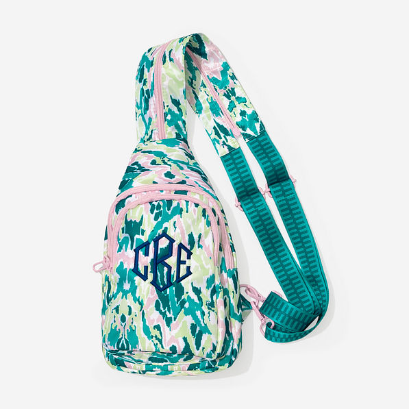 personalized sling backpack in bermuda ikat