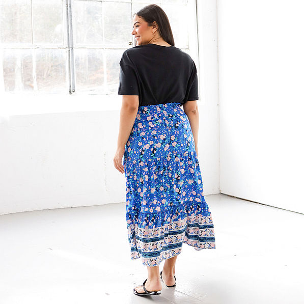blue floral midi skirt back view