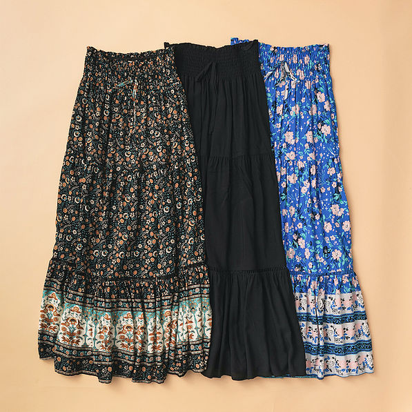 black paisley black and blue floral midi skirts