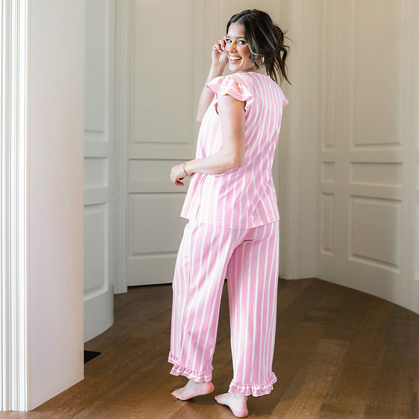 pink and white stripe ruffle pajamas on peyton