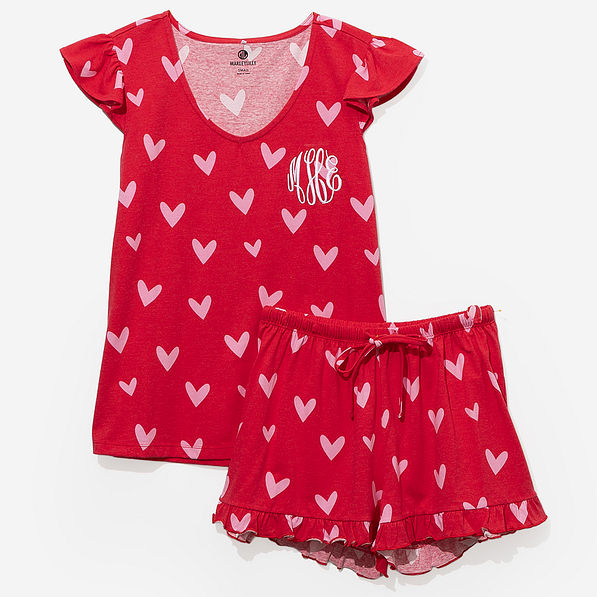 monogrammed ruffle sleep set in red hot hearts