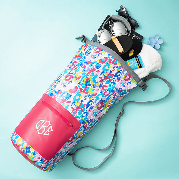 watercolor cheetah dry bag flatlay