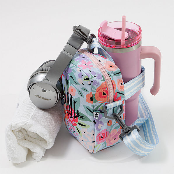 Monogrammed Travel Crossbody around water bottle