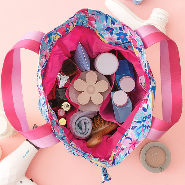 inside of monogrammed toiletry bag in watercolor whimsy