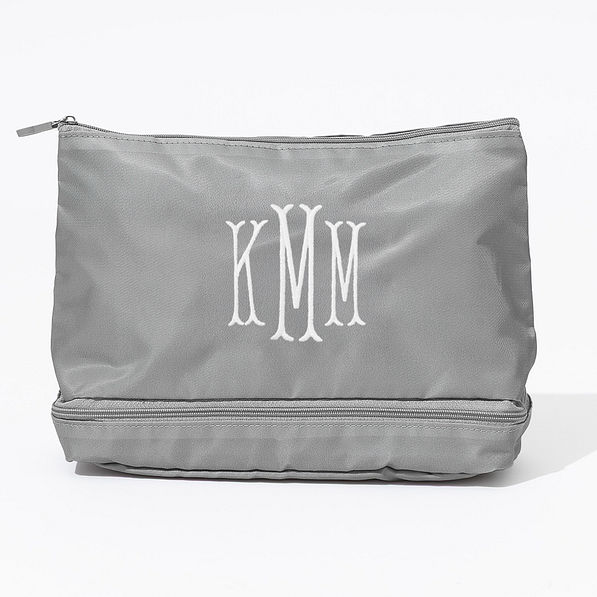 monogrammed double layer makeup bag in mushroom with white monogram