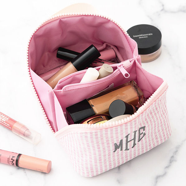 pink seersucker makeup bag inside shot