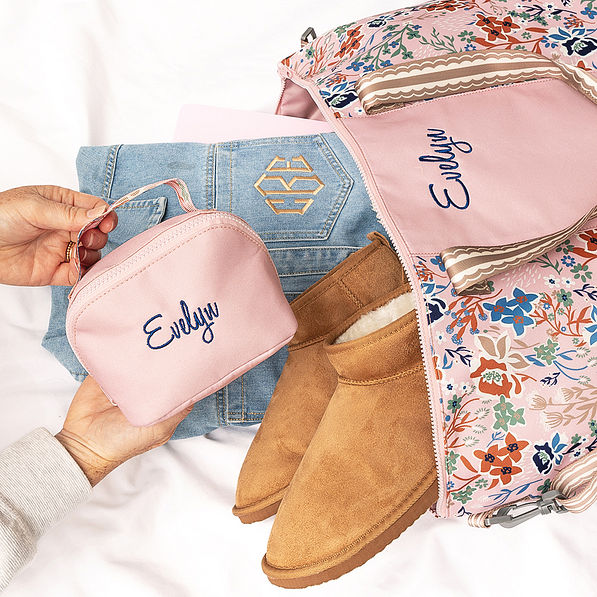 autumn whimsy monogrammed weekend bag and make up bags packed