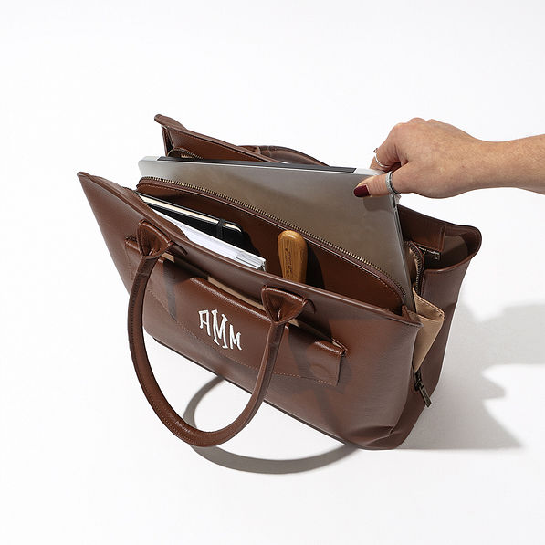 Monogrammed Essential Work Tote in Brown with 13" laptop