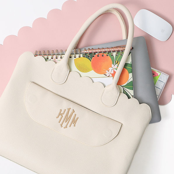 personalized essential work tote in ivory white bone with accessories