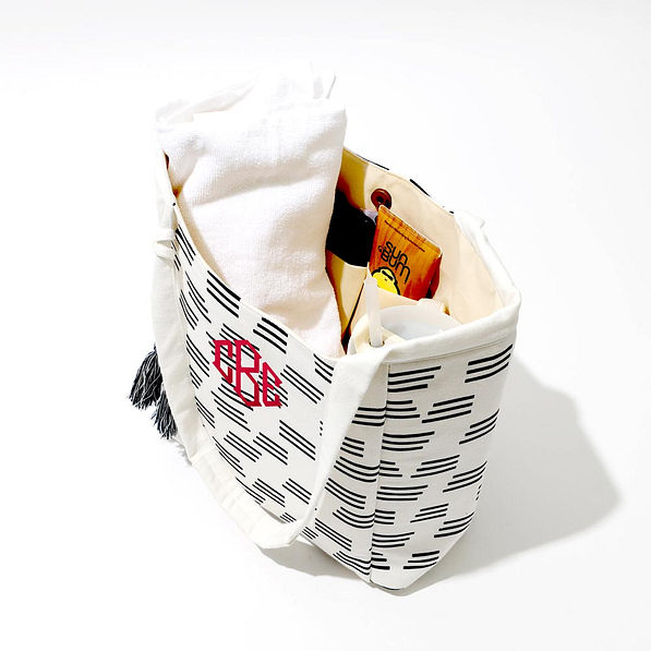 inside of navy striped carry all tote