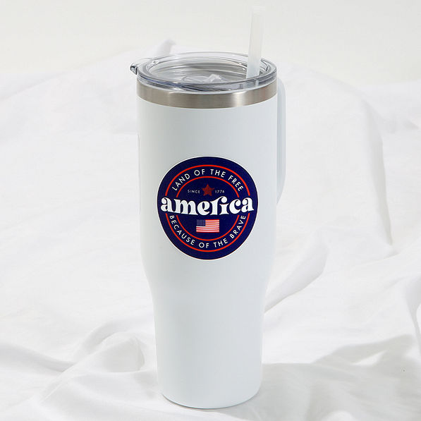 America sticker on white tumbler