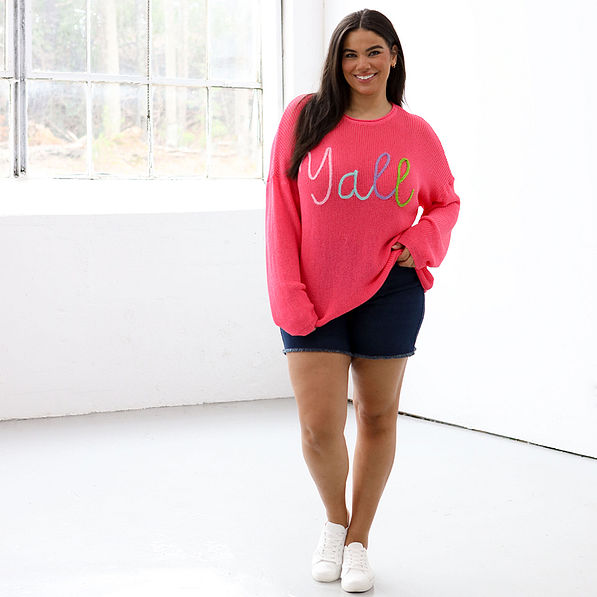 Yall sweater with denim skirt