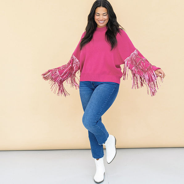 magenta sequin fringe sweater on julia ann