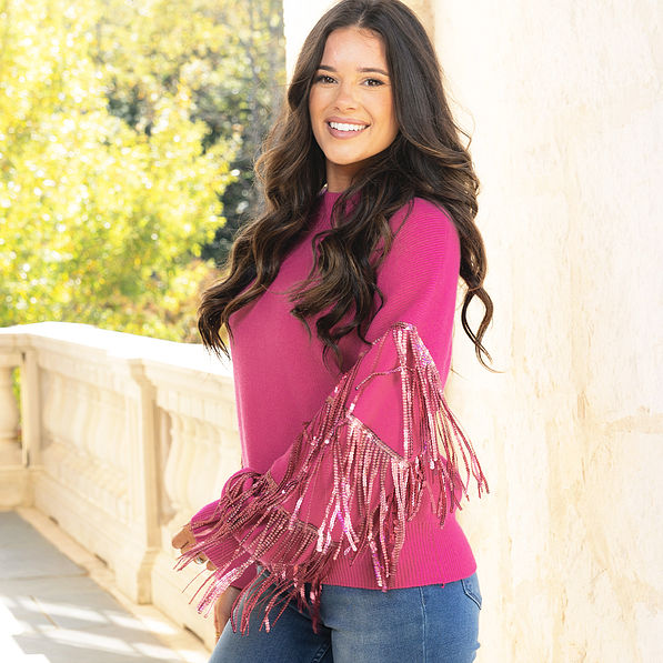 magenta sequin fringe sweater on peyton