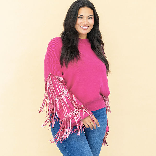 magenta sequin fringe sweater on julia ann cropped