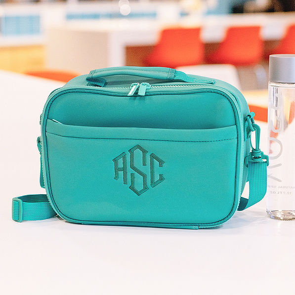 personalized turquoise lunch bag with matching monogram